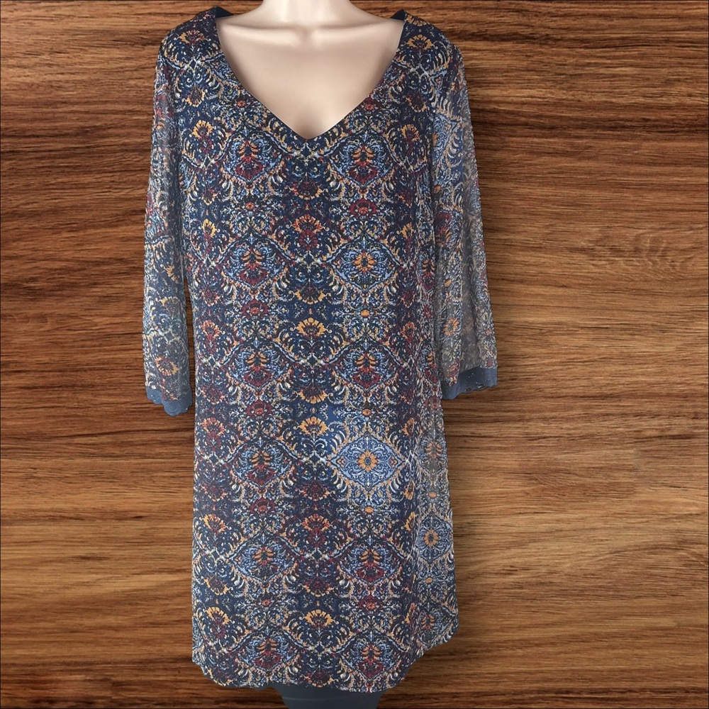 Luxology Women’s Size 4 Floral 3/4 Bell Sleeve Mini Dress Blue